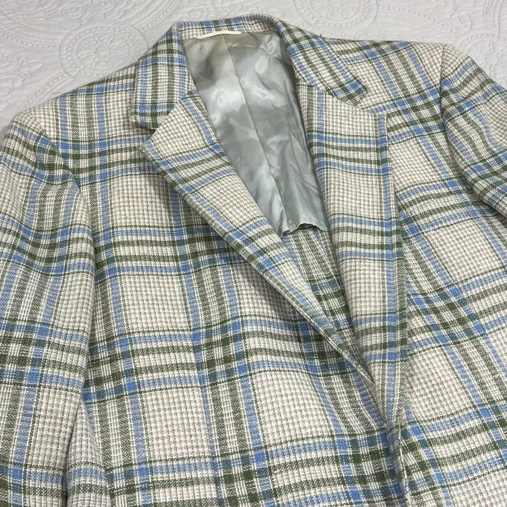 Vintage Chaps Ralph Lauren Plaid Sport Coat Blazer Blue Green Cream‎ Mens *READ